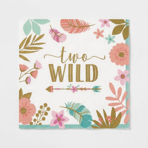 Boho Girl 2nd Birthday Party Napkins - 6.5 In. x 6.5 In. - "Two Wild" Gold Design, Pack of 16