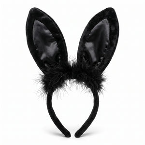Black Marabou Bunny Ears Headband - Elegant Halloween Costume Accessory
