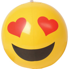 A yellow inflatable heart-eyed emoji ball