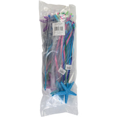 Bag of colorful plastic starfish wands with item #MX546 label, made in China