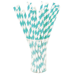 Aqua Blue Striped Paper Straws | 25 Count