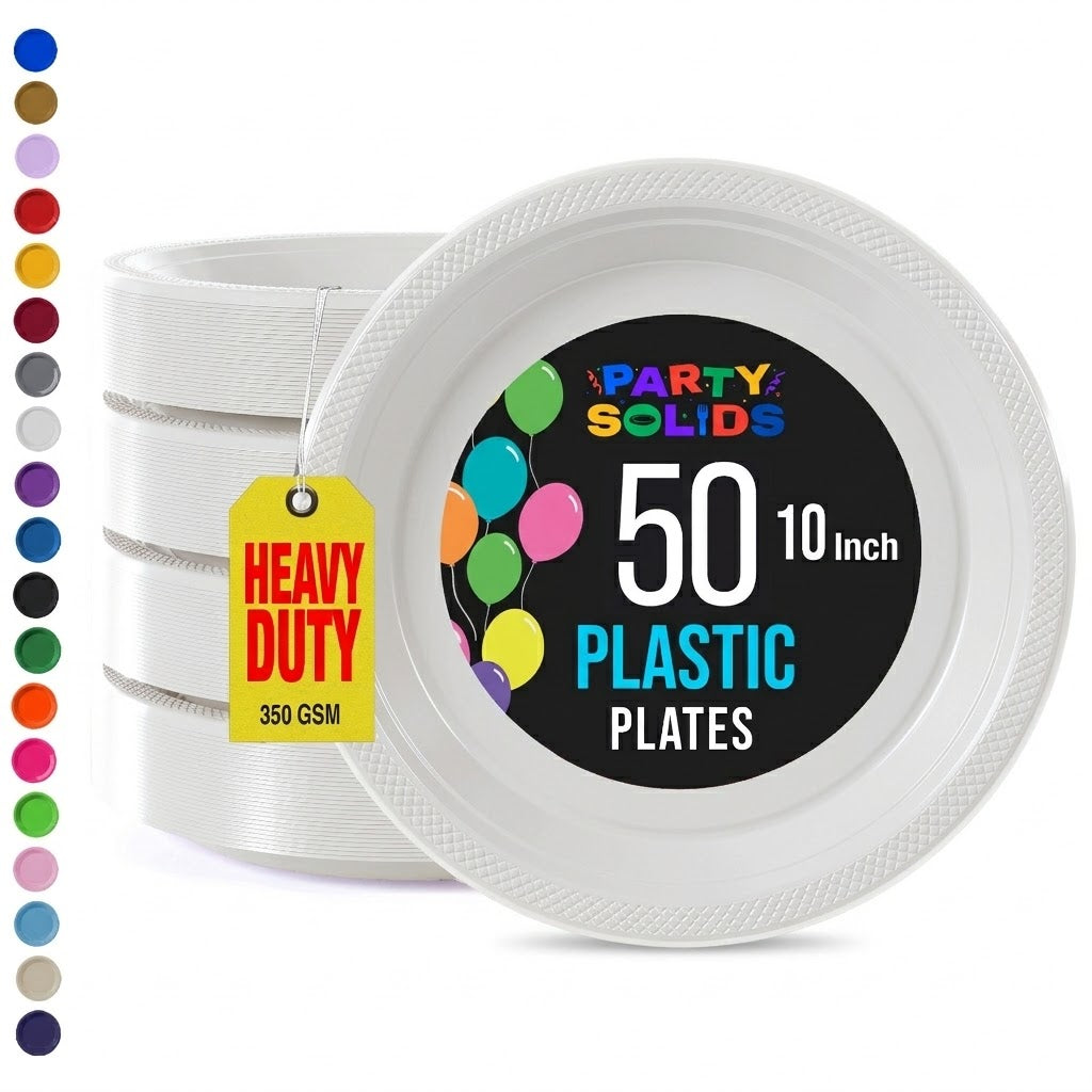 10 in. White Plastic Plates | 50 Count