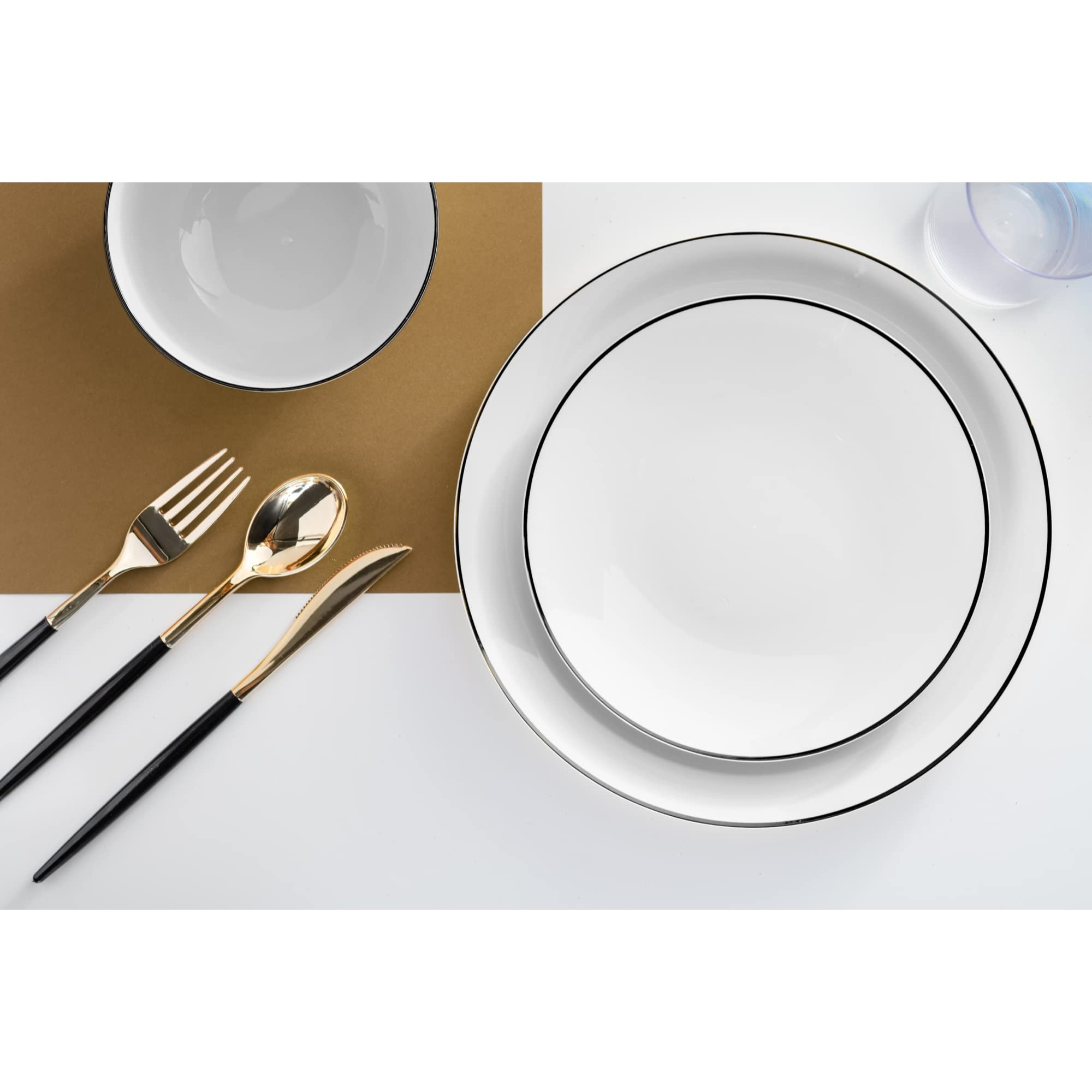 10 In. Classic White Design Plates Black Rim | 10 Count
