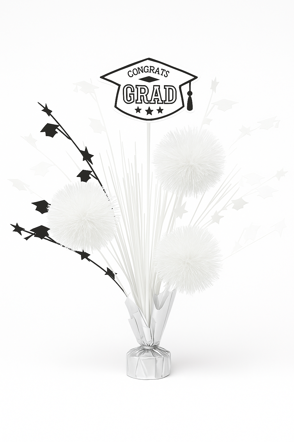 "Congrats Grad" White Tinsel Burst Centerpiece for Graduation