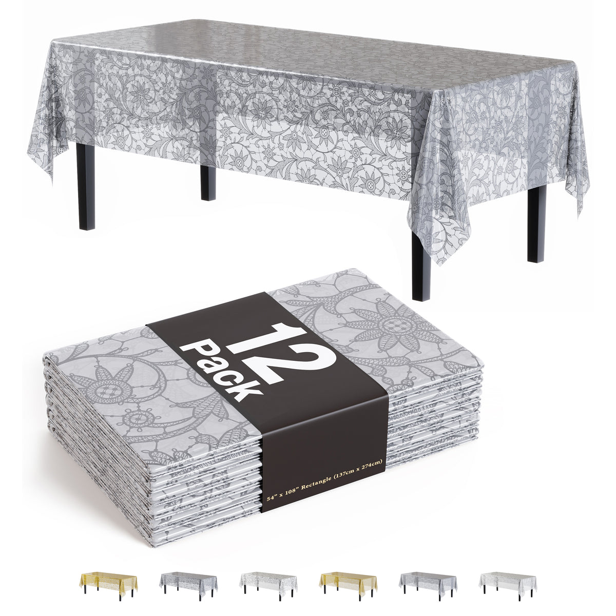 Premium Silver Lace Plastic Table Covers | 12 Count | 54 in. x 108 in.