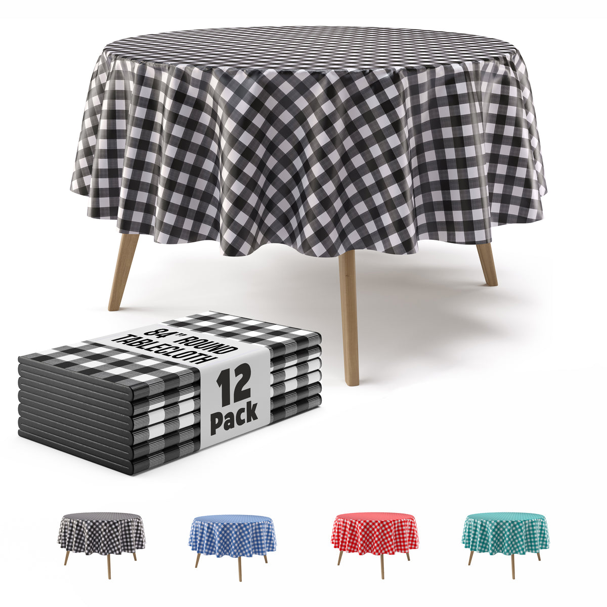 Round Black Gingham Plastic Table Covers | 12 Pack | 84 in.