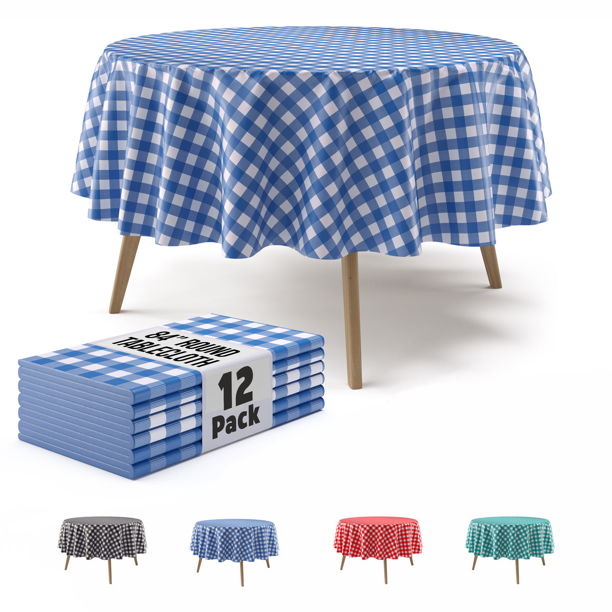 Round Blue Gingham Plastic Table Covers | 12 Pack | 84 in.
