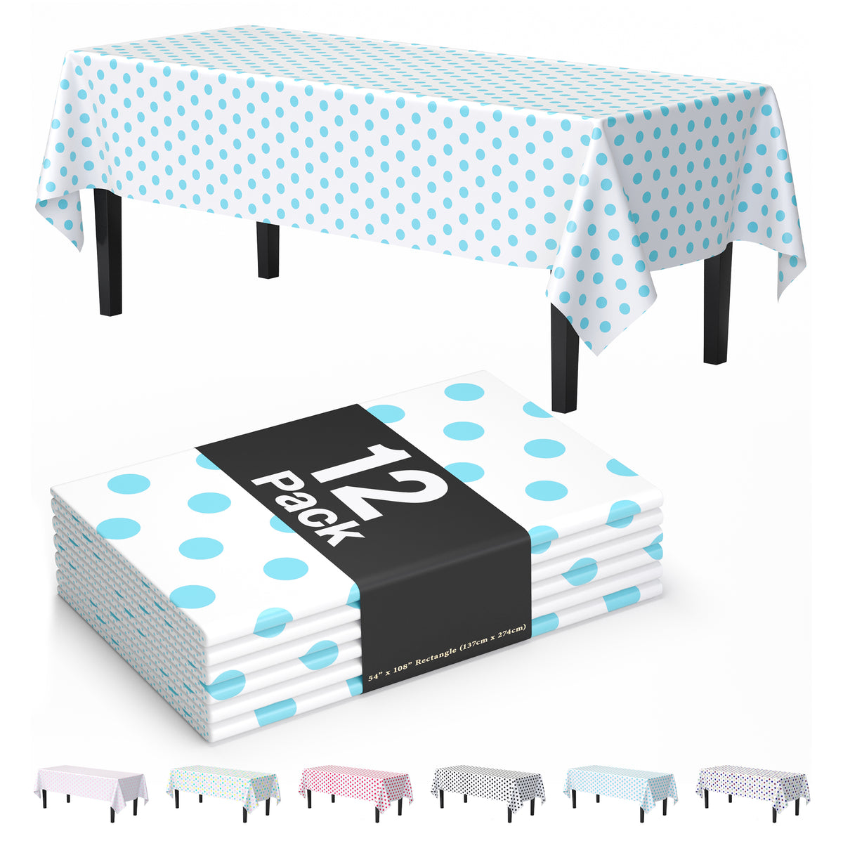 Light Blue Polka Dot Plastic Table Covers | 12 Pack | 54 in. x 108 in.