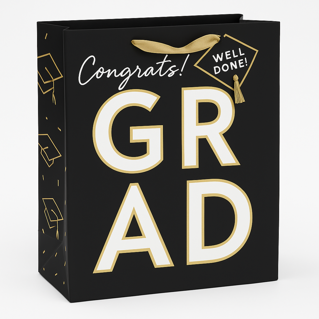 Medium Glossy "Congrats Grad" Gift Bag - Black and Gold