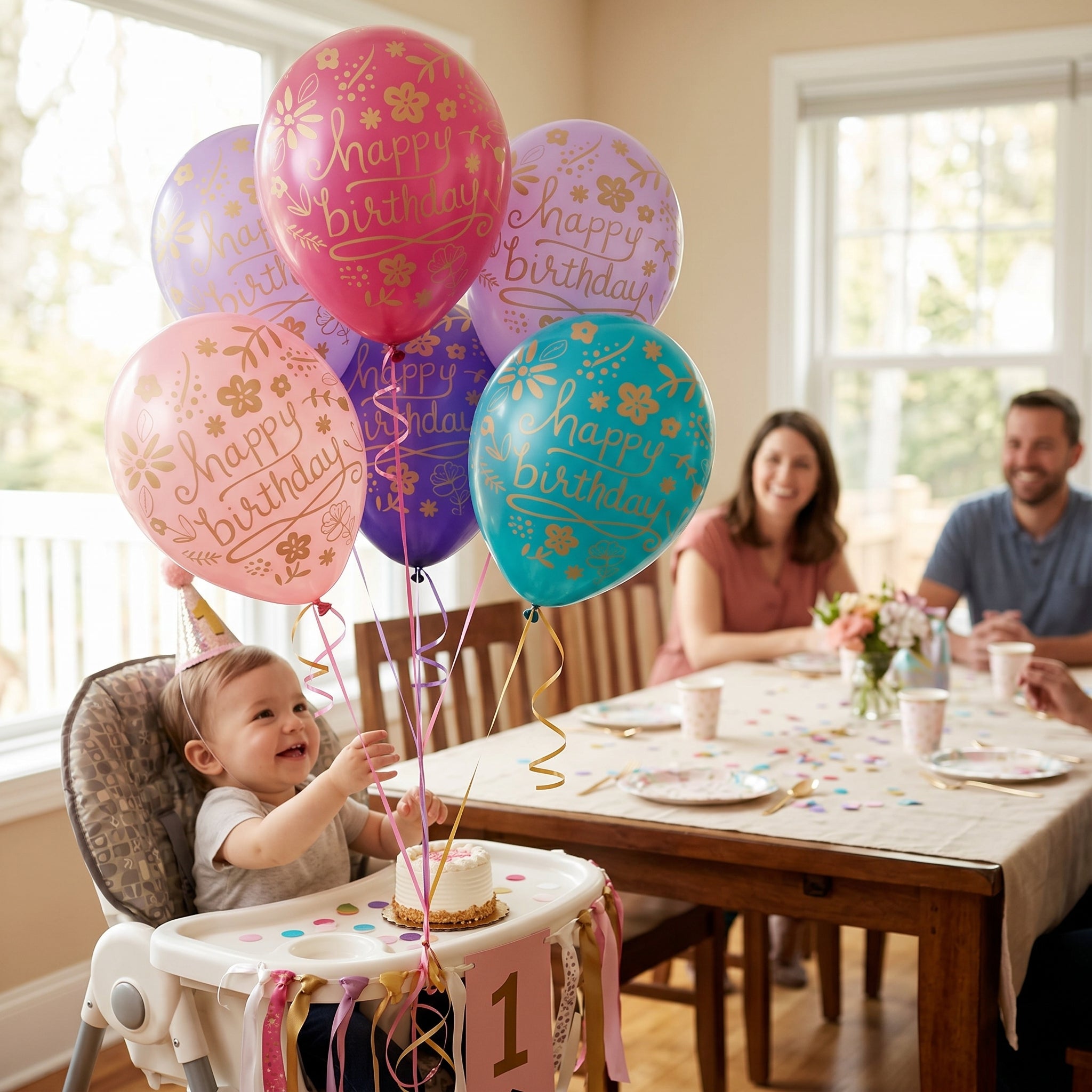 Happy Birthday Floral Latex Balloons - Gold Print Assorted Pink Purple Blue Teal 12-Inch 20-Pack for Elegant Birthday Party Decorations
