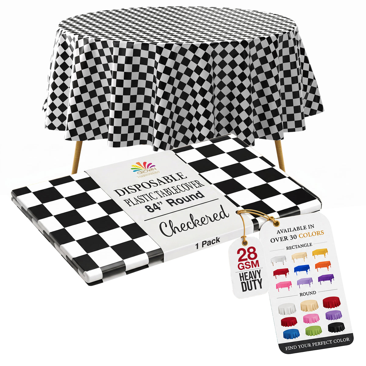 84 in. Round Black/White Checkered Plastic Table Cover