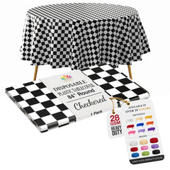 84 in. Round Black/White Checkered Plastic Table Cover