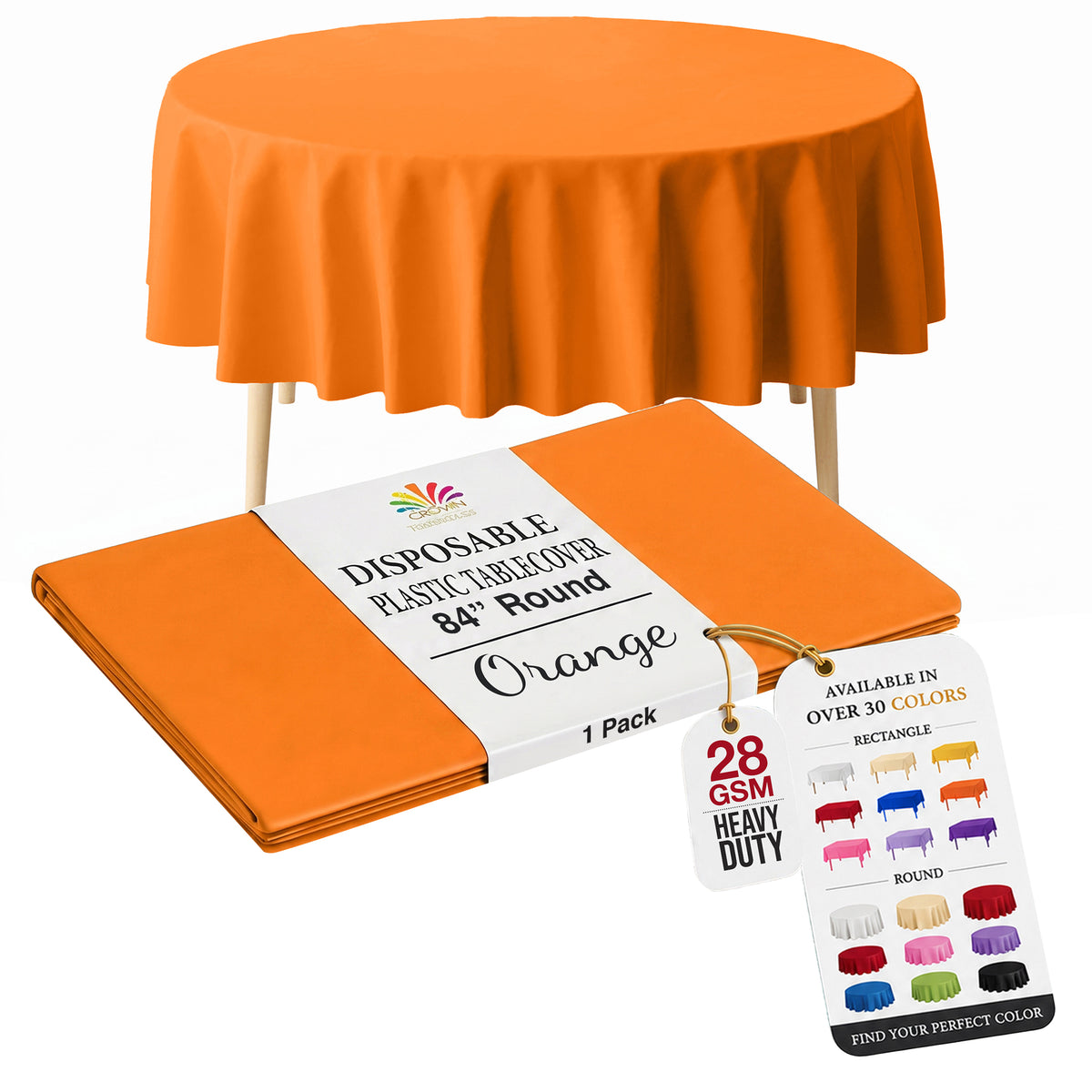 Round Orange Plastic Table Cover | 84 in.