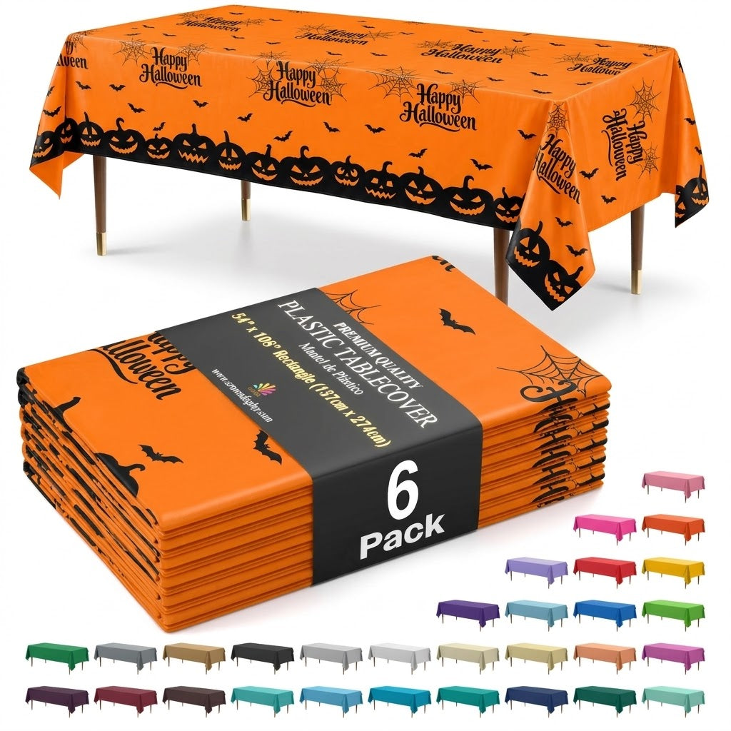 Happy Halloween Orange Plastic Table Cover | 54 in. x 108 in. | 6 Pack