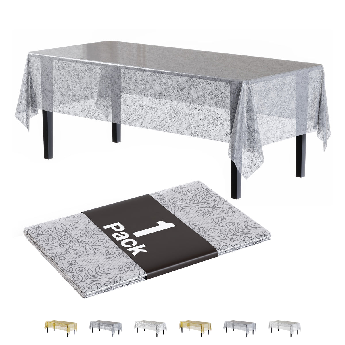 Silver Floral Plastic Table Cover | 54 in. x 108 in.