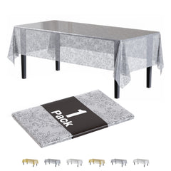 Silver Floral Plastic Table Cover | 54 in. x 108 in.