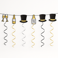 New Year's Eve Top Hat & Swirl Hanging Garland, 9-ft, Black/Gold/Silver
