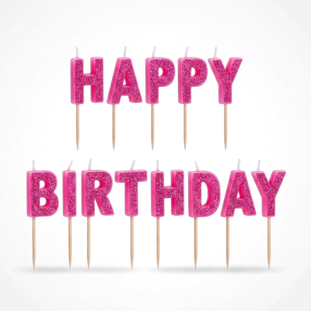Pink Glitter Happy Birthday Letter Candle Picks | 13 Count