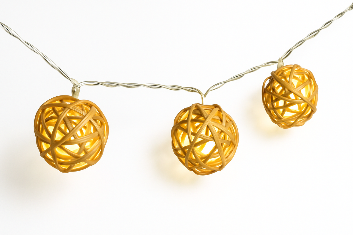 Warm White Rattan Ball LED String Lights, Battery Operated