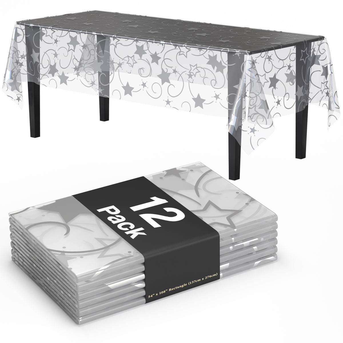 Clear silver star tablecover - 55 in. x 108 in.