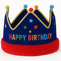 Colorful "Happy Birthday" Fabric Crown with Pom-Poms