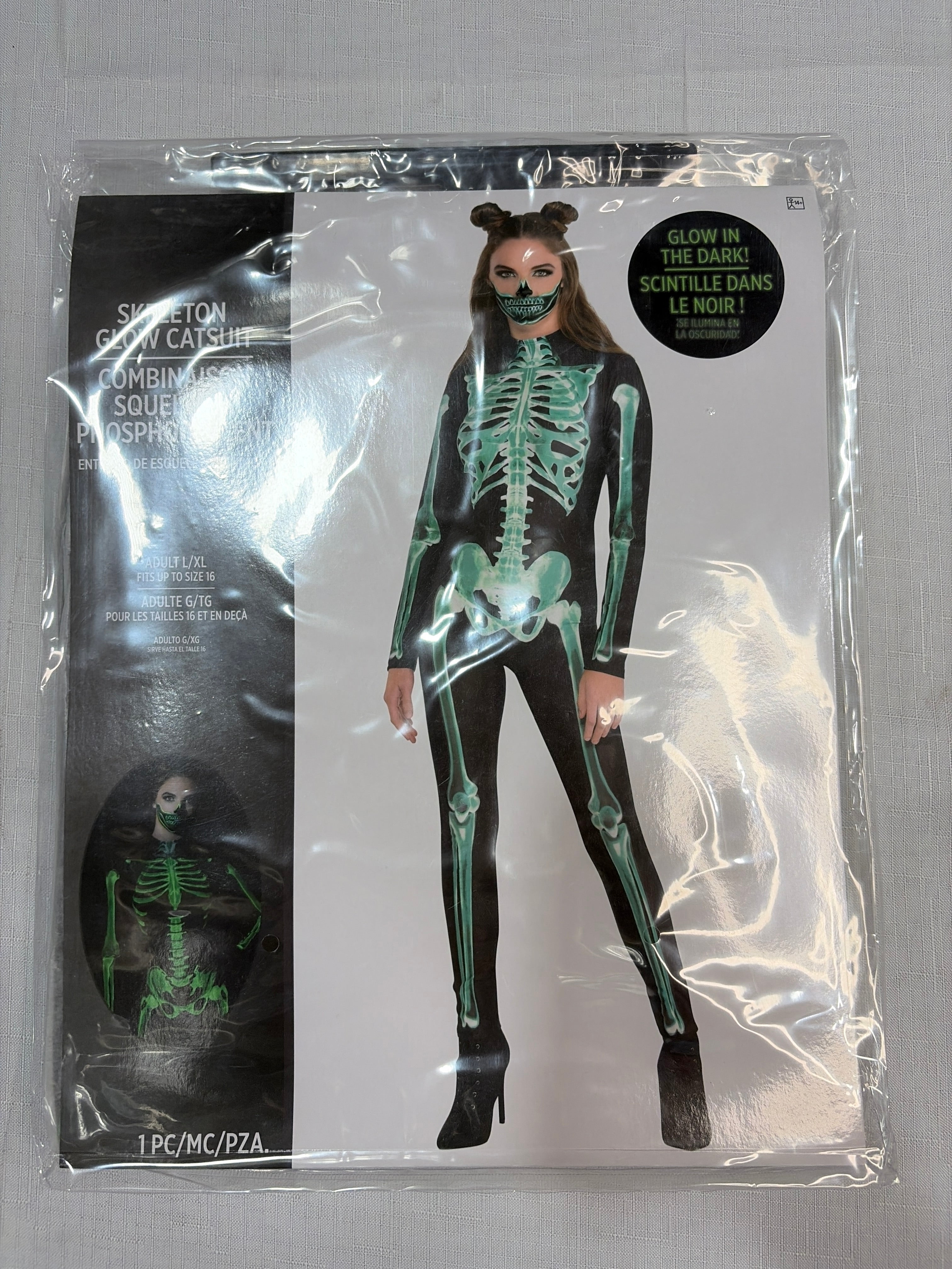 Glow-in-the-Dark Skeleton Catsuit for Halloween - Adult L/XL