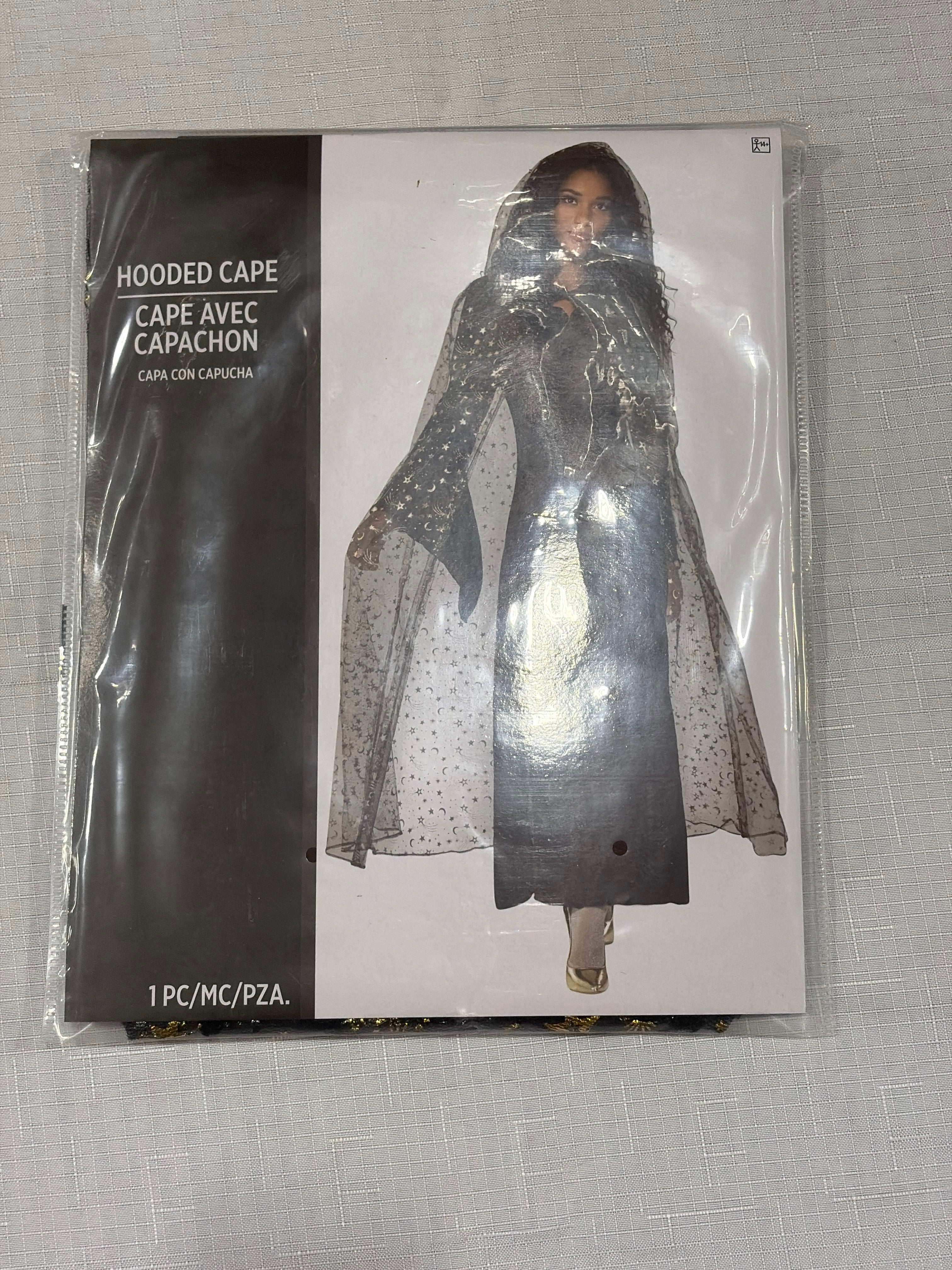 Celestial Hooded Cape - Sheer Black with Gold Stars & Moons - One Size