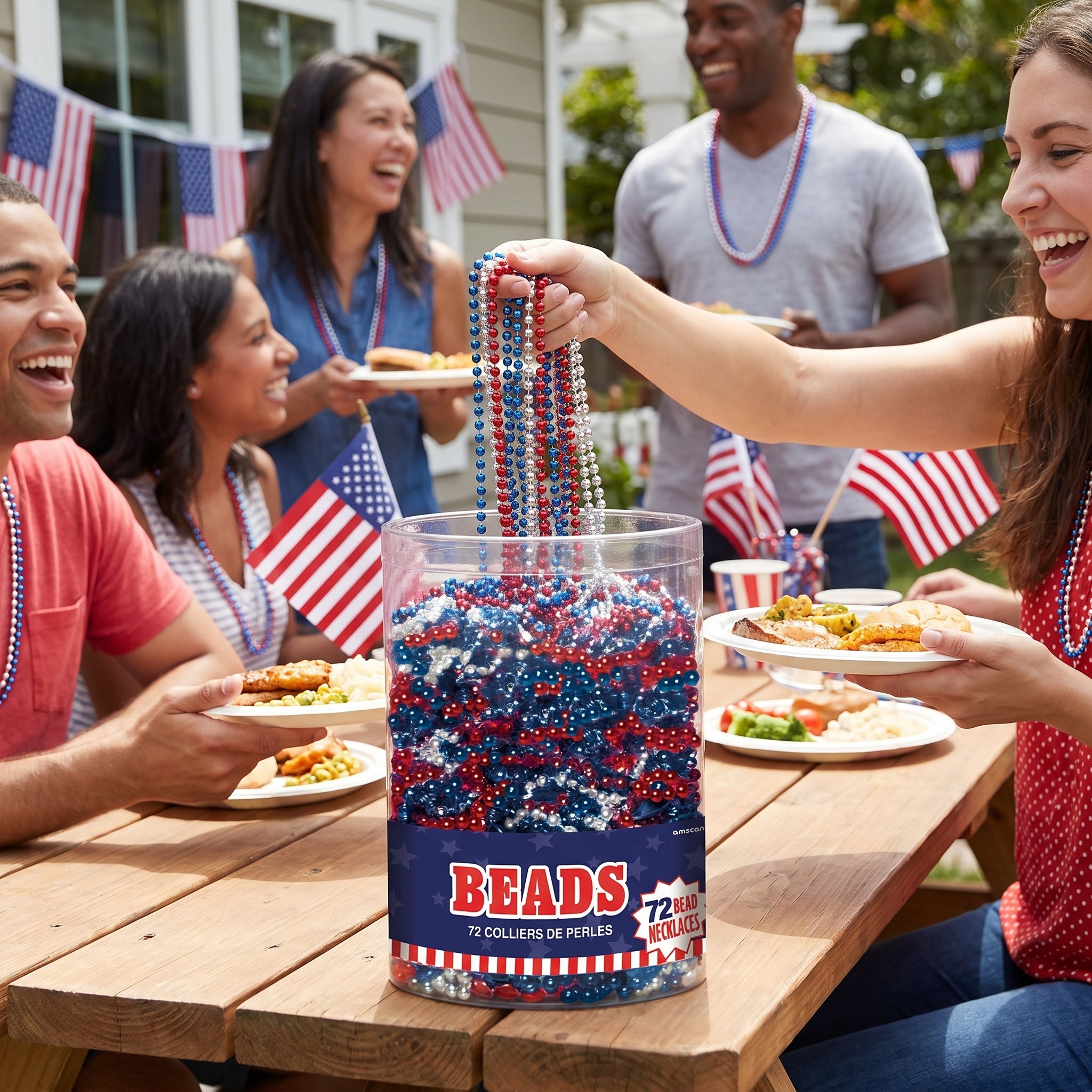 Patriotic Red, White & Blue Bead Necklaces - 50 Pack