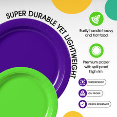 9 & 7 Inch.  Purple and Lime Paper Plates Combo - 200 Pack (100 of each)
