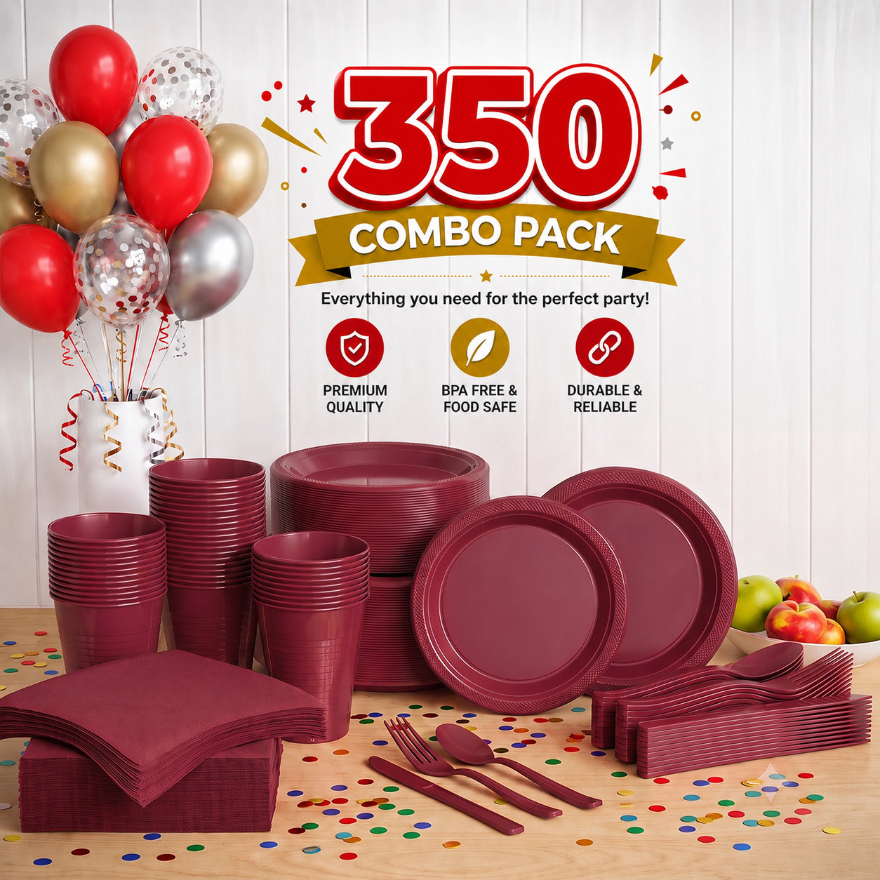 350 Piece Combo Set | Service For 50 | Burgundy