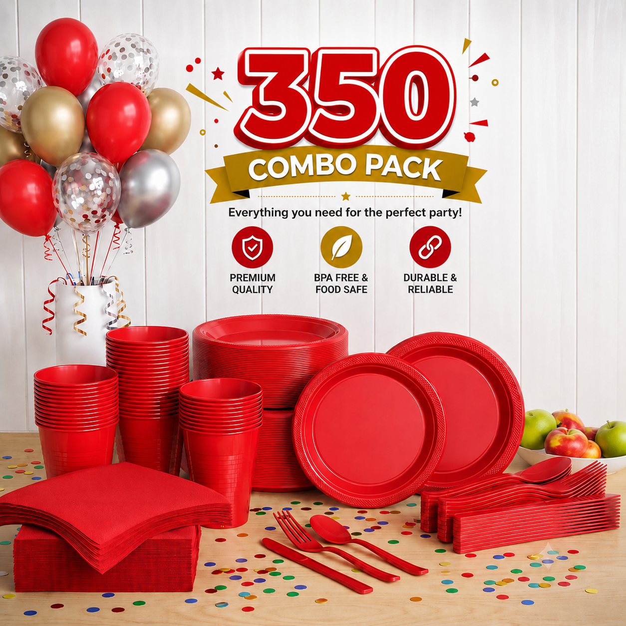 350 Pcs Red Plastic Disposable Tableware Set