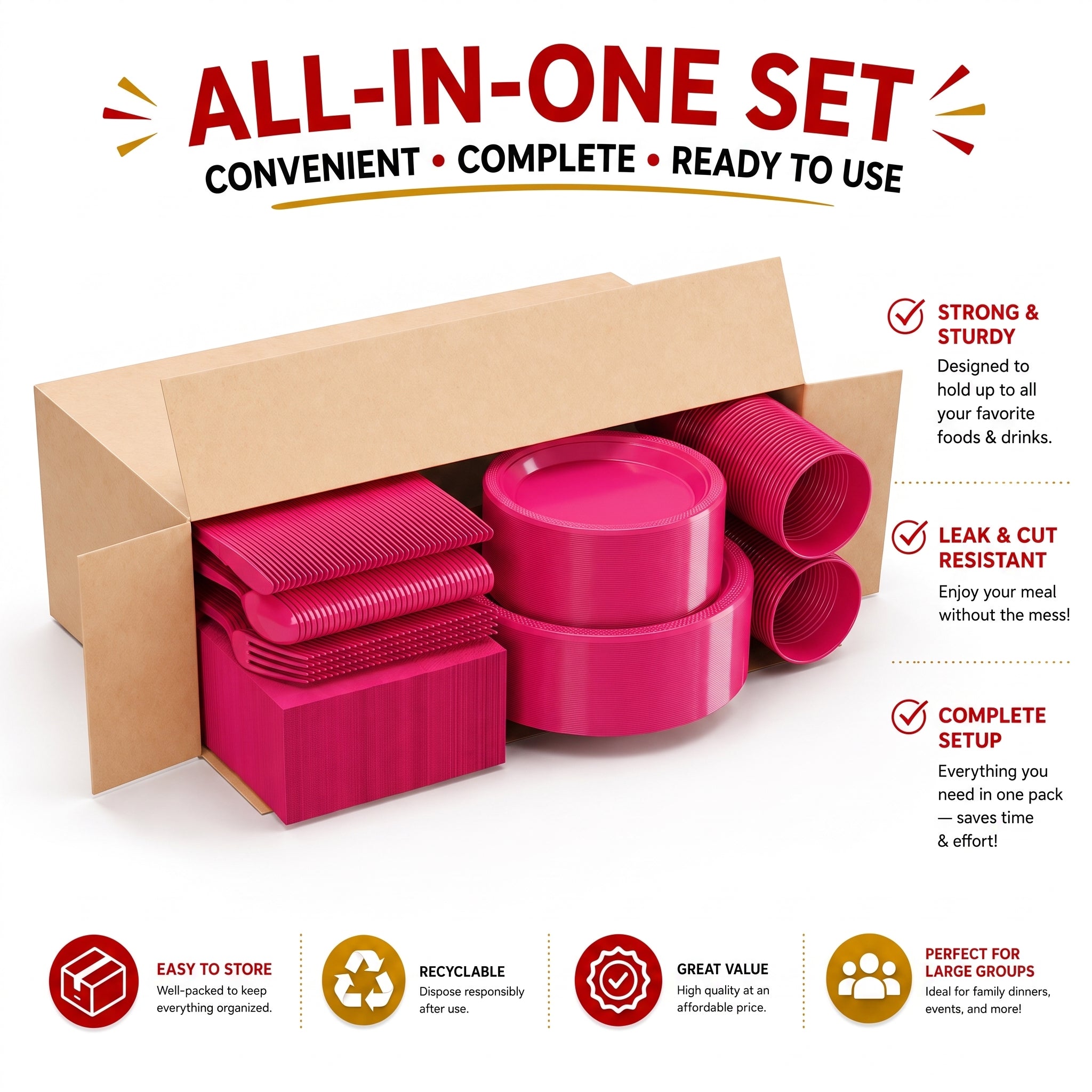 350 Pcs Cerise Plastic Disposable Tableware Set