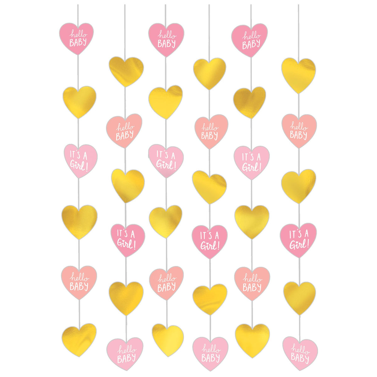 "It's a Girl" Metallic Gold & Pink Hanging String Decorations, 7-ft, 6-Pack