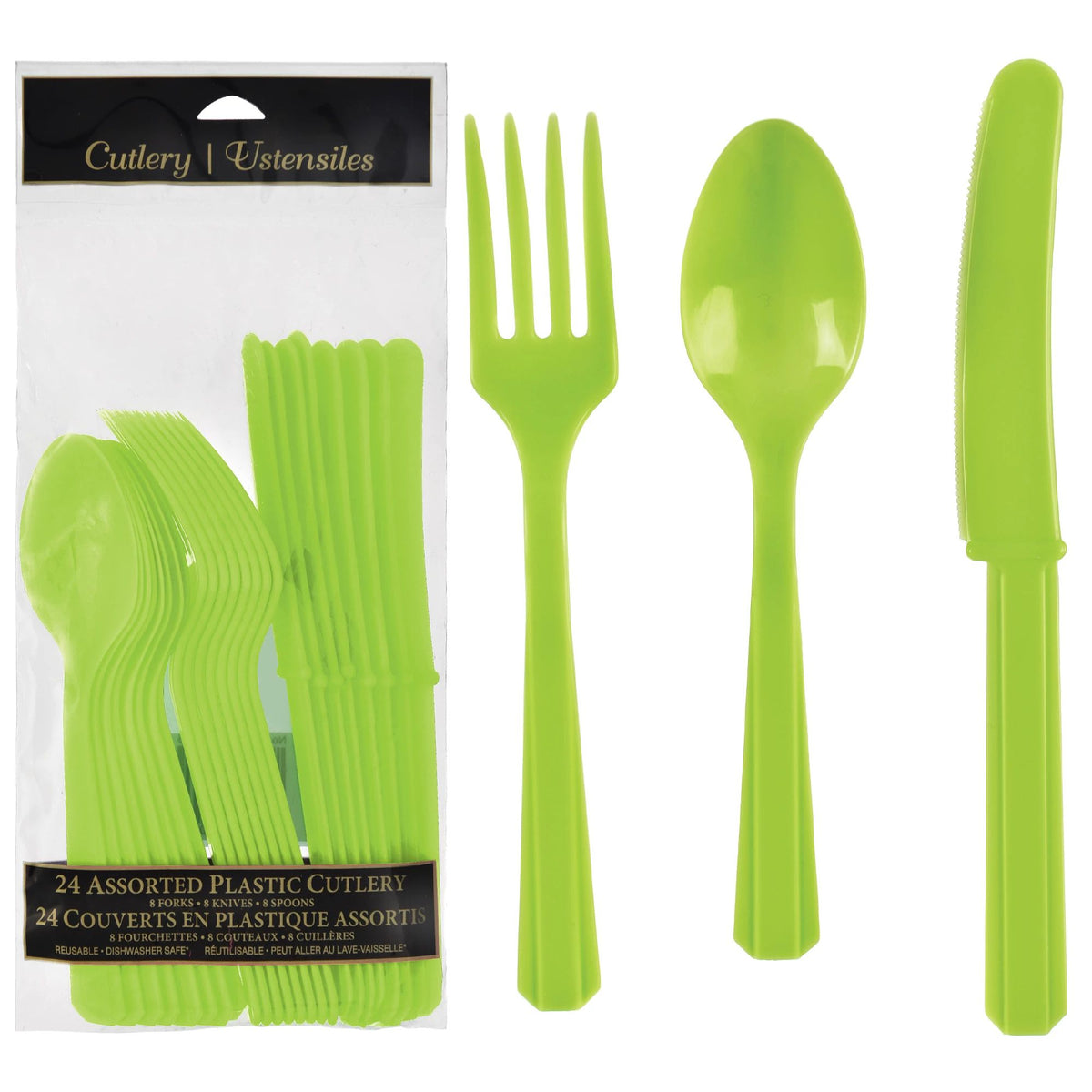 Kiwi Green Assorted Plastic Cutlery Set - 7.5 in. - 24 Pack