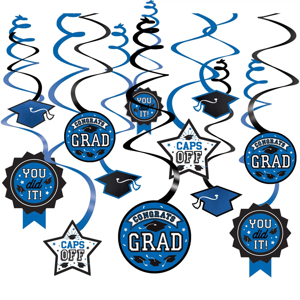 Blue Graduation Swirl Decorations - 12 Pack