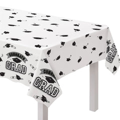 "Congrats Grad" Reusable Plastic Table Cover, Black/White, 54x84-in for Graduation