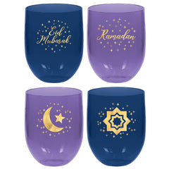 Eid Mubarak Stemless Plastic Wine Glasses - 4 Pack