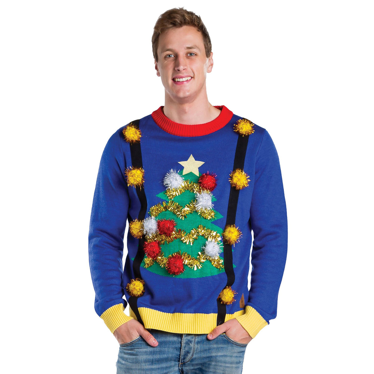 Men's Ugly Christmas Tree Sweater - Blue, L/XL - Adult L/XL