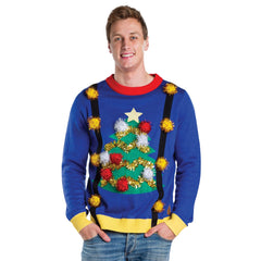 Men's Ugly Christmas Tree Sweater - Blue, L/XL - Adult L/XL