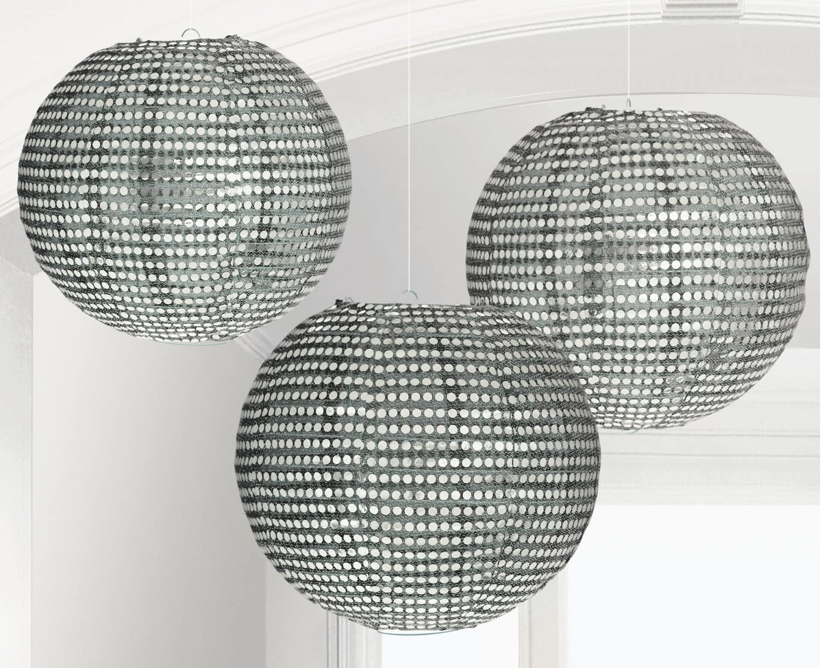 Silver Sequin Fabric Lanterns - 9.5 In. | Set of 3
