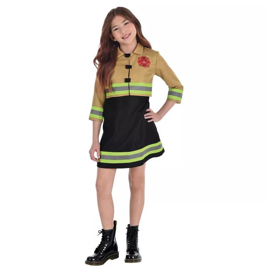 Girls' Firefighter Costume Dress with Reflective Trim - Child L (12-14)