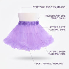 Girls Lavender Tutu Skirt - Layered Tulle Ballet Petticoat with Satin Elastic Waist for Dance, Dress Up, Princess Costume - M/L