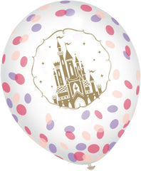 Little Gym - Disney Princess Once Upon A Time Round Transparent Confetti Latex Balloons, Purple/Pink/Gold, 12-in, 6-pk, for Birthday Party