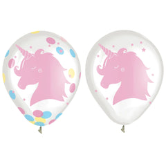 Little Gym - Unicorn Round Transparent Confetti Latex Balloons, Pink, 12-in, 6-pk, for Birthday Party