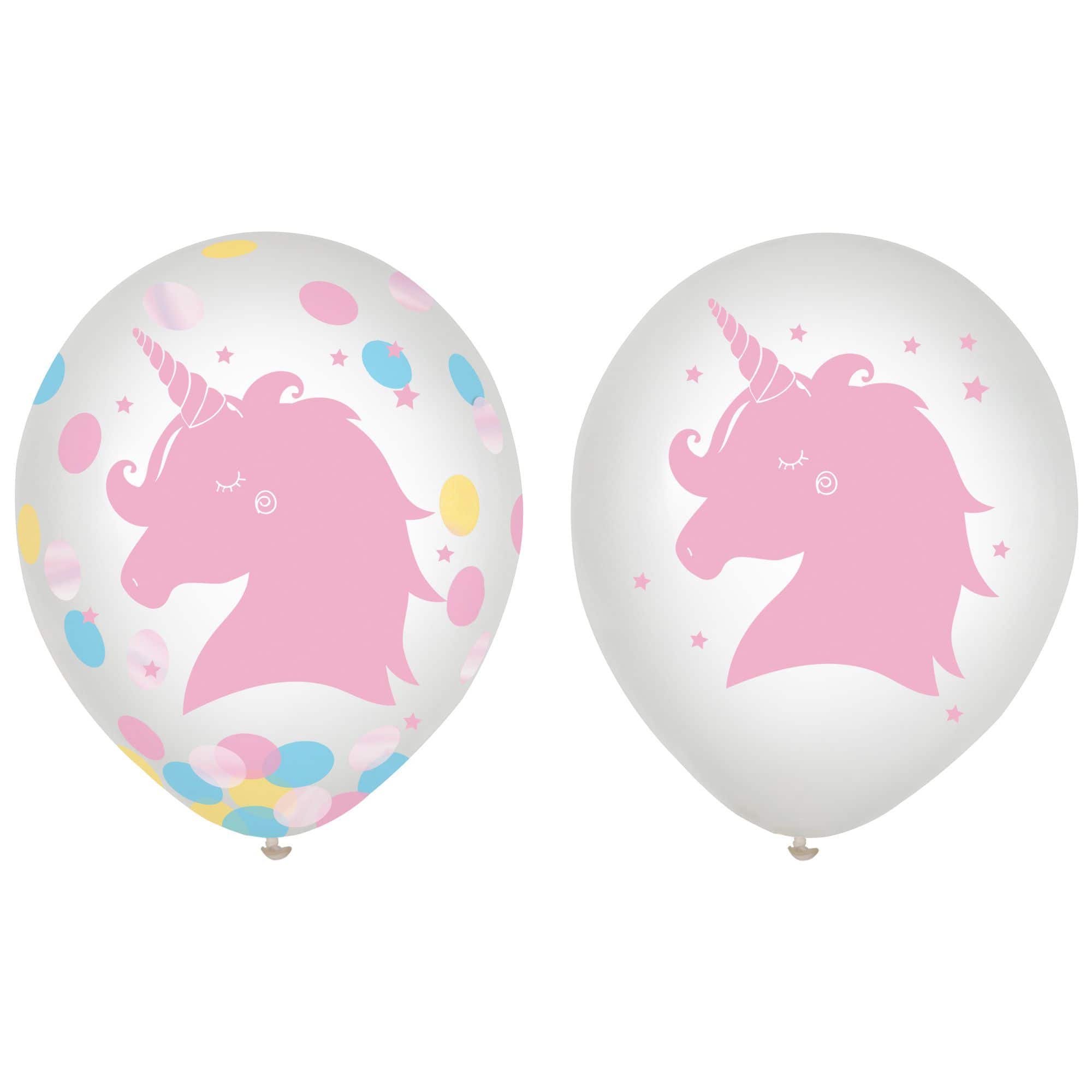 Little Gym - Unicorn Round Transparent Confetti Latex Balloons, Pink, 12-in, 6-pk, for Birthday Party