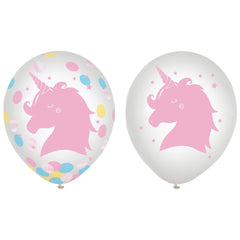 Little Gym - Unicorn Round Transparent Confetti Latex Balloons, Pink, 12-in, 6-pk, for Birthday Party