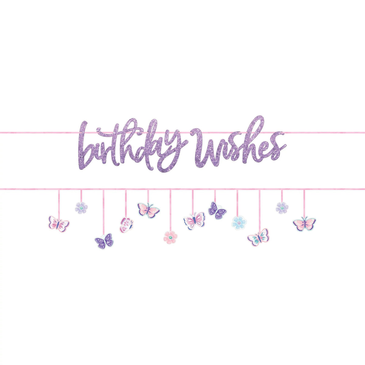 Little Gym - Flutter "Birthday Wishes" Butterfly Hanging Garland Banner Decoration, Purple, 10.5-ft, 2-pk, for Birthday Party