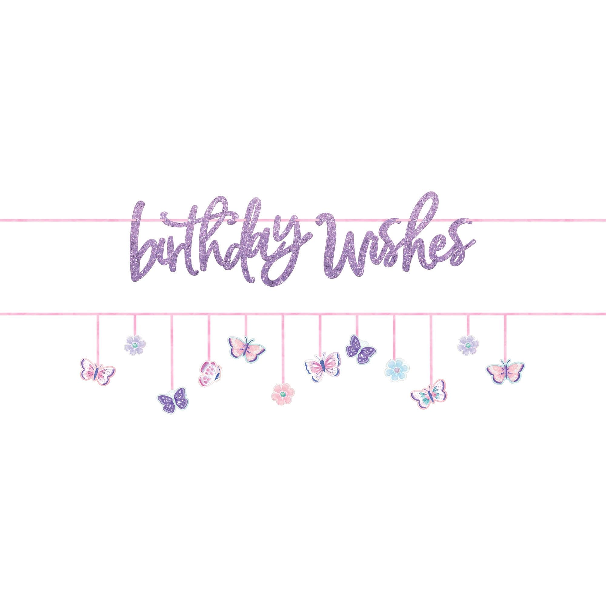 Little Gym - Flutter "Birthday Wishes" Butterfly Hanging Garland Banner Decoration, Purple, 10.5-ft, 2-pk, for Birthday Party