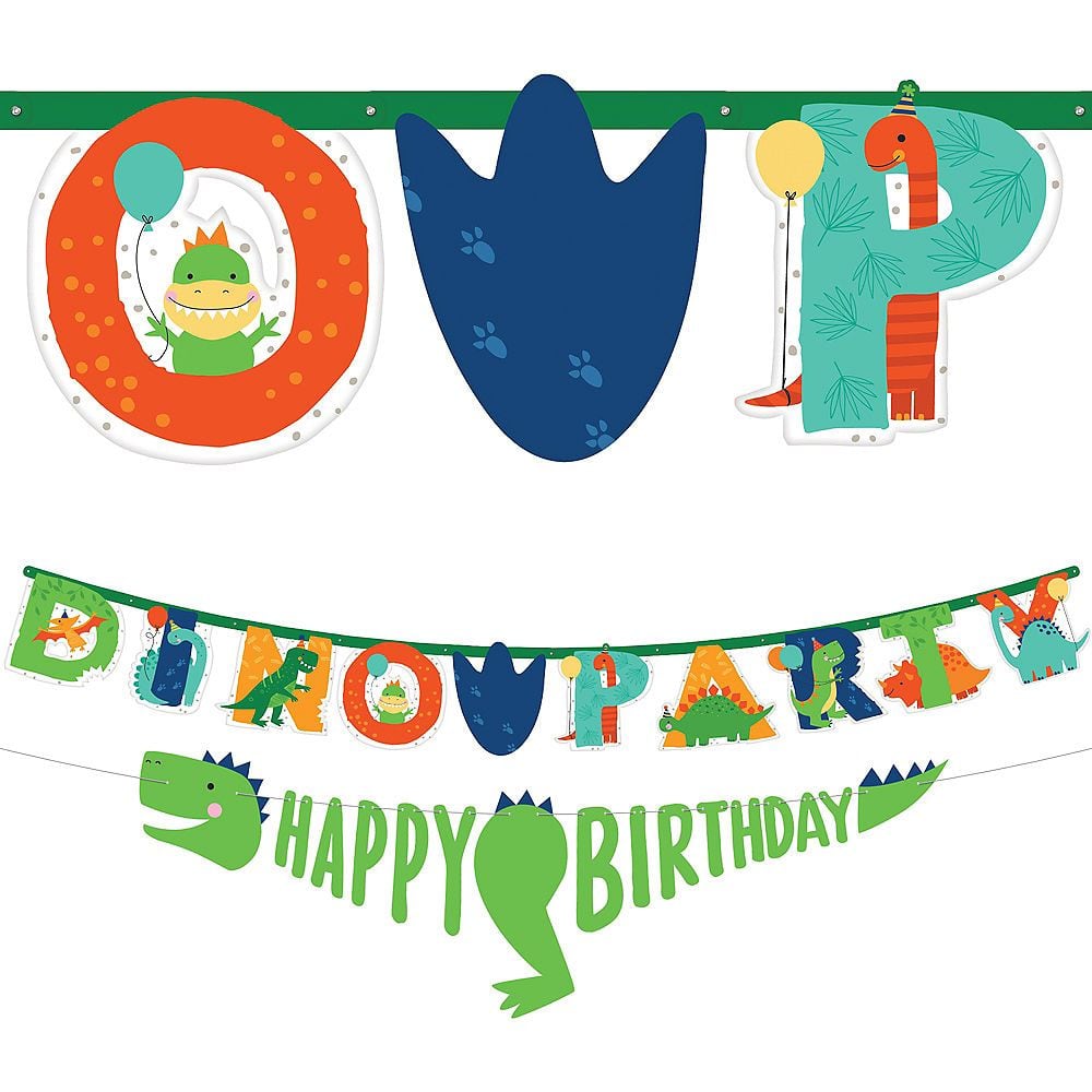 Little Gym - Dino-Mite "Happy Birthday"  Dinosaur Hanging Garland Banner Decoration, Green/Blue/Orange, 12.75-in, 2-pk, for Birthday Party