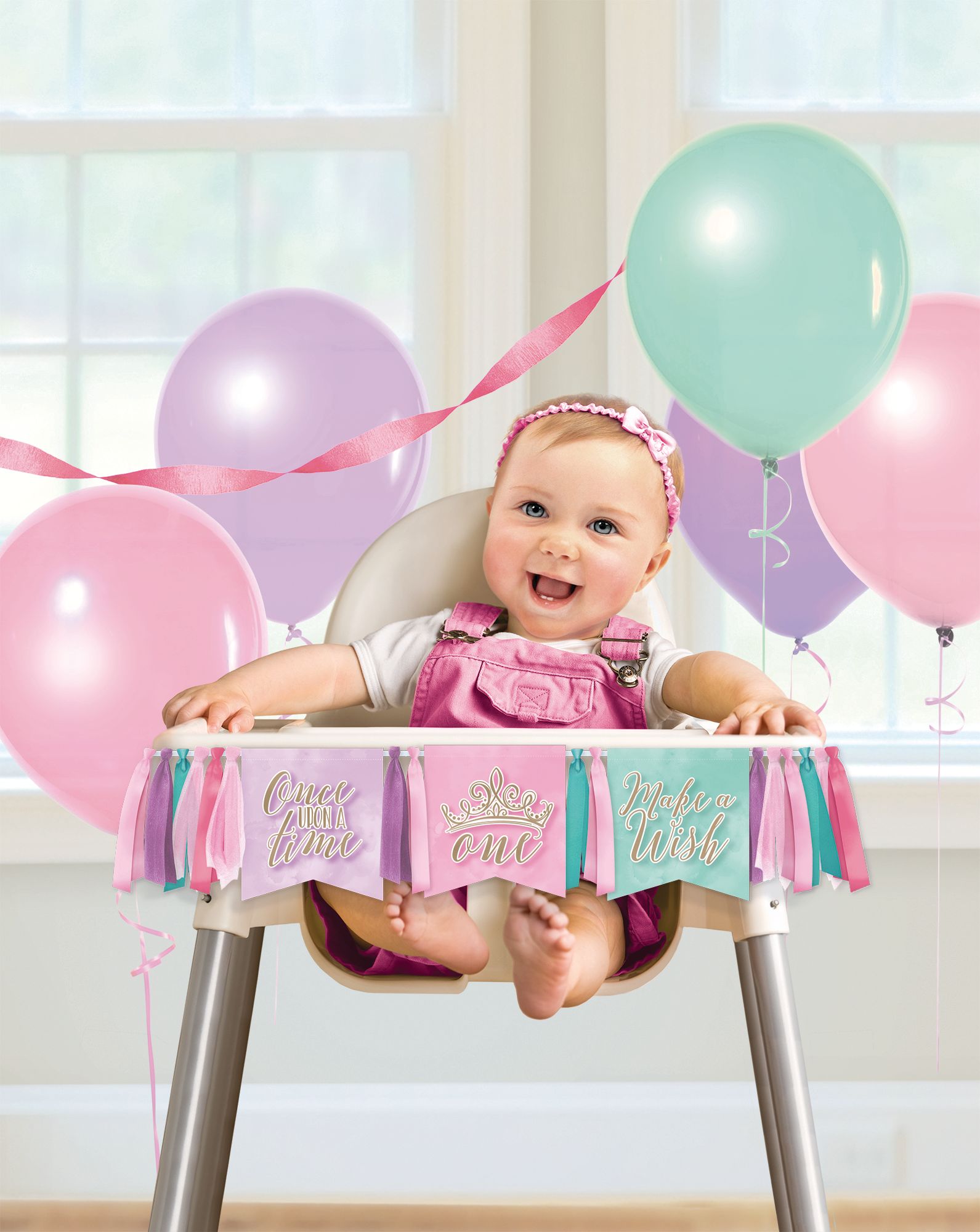 Little Gym - Disney Princess Once Upon A Time "One" High Chair Pennant Hanging Sign Decoration Pink/Blue/Purple, 38-in, for Birthday Party